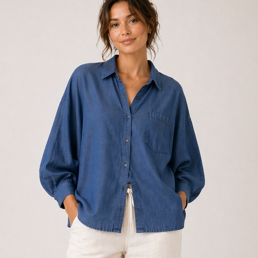 Zara‎ Basic Z1975 Denim Shirt Women XS Blue 100% Lyocell Tencel Soft Button Down